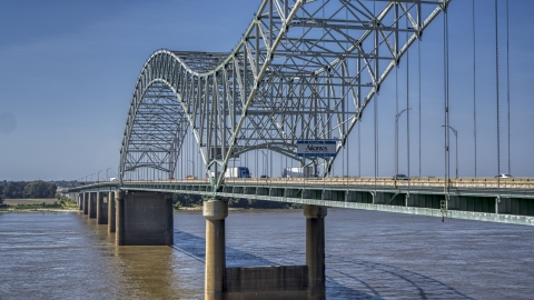 DXP002_177_0007 - Aerial stock photo of The "Welcome to Arkansas" sign on the bridge, Memphis, Tennessee