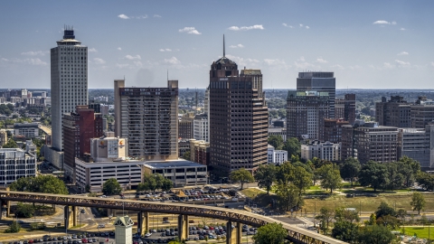 An office tower with spire in Downtown Memphis, Tennessee Aerial Stock Photos | DXP002_177_0009