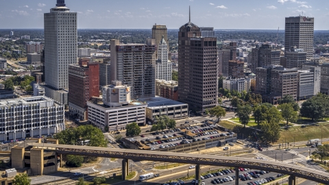 DXP002_178_0001 - Aerial stock photo of A view of the skyline from the river in Downtown Memphis, Tennessee