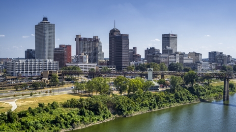 The skyline seen from the river in Downtown Memphis, Tennessee during descent Aerial Stock Photos | DXP002_178_0002