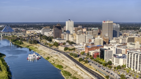 Office buildings near Wolf River Harbor in Downtown Memphis, Tennessee Aerial Stock Photos | DXP002_180_0002