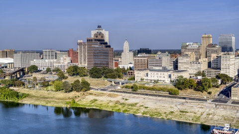 DXP002_180_0003 - Aerial stock photo of A view of office buildings near Wolf River Harbor, Downtown Memphis, Tennessee