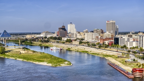 DXP002_180_0004 - Aerial stock photo of Office buildings beside Wolf River Harbor, Downtown Memphis, Tennessee