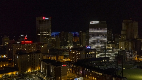 One Commerce Square and First Tennessee Building office towers at night in Downtown Memphis, Tennessee Aerial Stock Photos | DXP002_182_0002