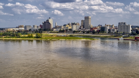 View of the city's skyline from the Mississippi River, Downtown Memphis, Tennessee Aerial Stock Photos | DXP002_183_0002