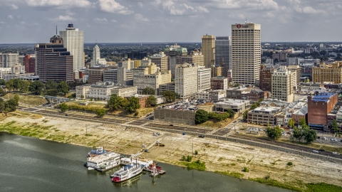 The city's high-rises beside the Wolf River Harbor, Downtown Memphis, Tennessee Aerial Stock Photos | DXP002_183_0003