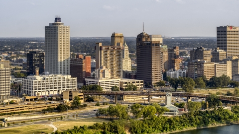 DXP002_185_0001 - Aerial stock photo of A view of the skyline at sunset, Downtown Memphis, Tennessee