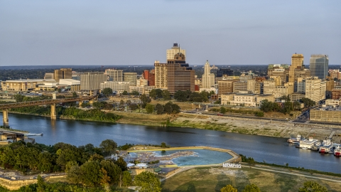 Raymond James Tower and the skyline at sunset, Downtown Memphis, Tennessee Aerial Stock Photos | DXP002_186_0001