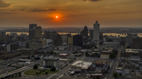 DXP002_186_0002 - Aerial stock photo of The city skyline and the setting sun, Downtown Memphis, Tennessee