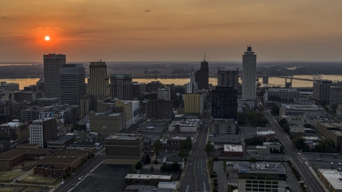 The downtown skyline and the setting sun, Downtown Memphis, Tennessee Aerial Stock Photos | DXP002_186_0003