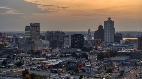 DXP002_187_0001 - Aerial stock photo of The city's downtown skyline at twilight, Downtown Memphis, Tennessee