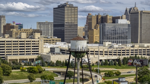 A water tower in Downtown Detroit, Michigan Aerial Stock Photos | DXP002_189_0005