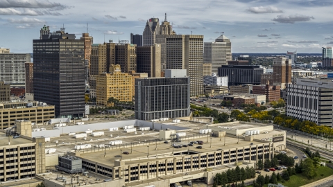 DXP002_190_0002 - Aerial stock photo of A hotel with view of skyscrapers, Downtown Detroit, Michigan