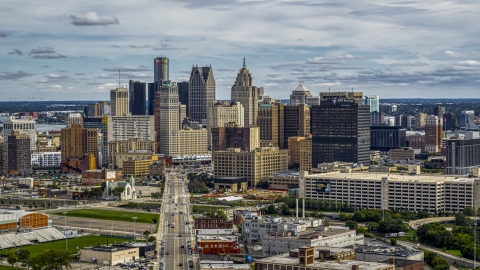 DXP002_190_0010 - Aerial stock photo of Tall skyscrapers in the city's skyline, Downtown Detroit, Michigan