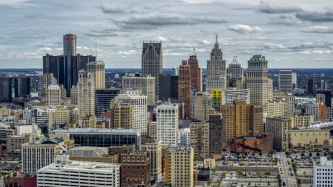 DXP002_190_0011 - Aerial stock photo of A wide view of the city's downtown skyline, Downtown Detroit, Michigan