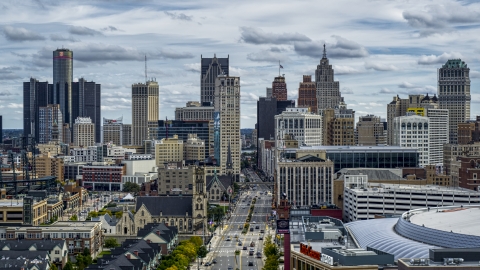 DXP002_190_0012 - Aerial stock photo of The city's downtown skyline seen from the arena, Downtown Detroit, Michigan