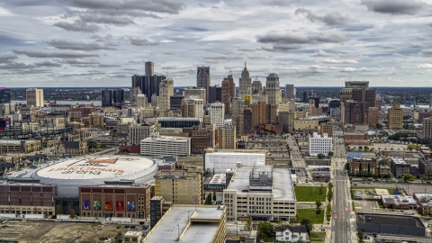 A wide view of the city's downtown skyline and arena, Downtown Detroit, Michigan Aerial Stock Photos | DXP002_191_0001