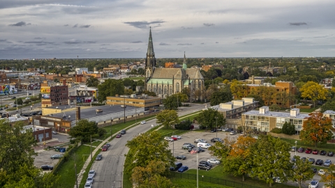 DXP002_192_0004 - Aerial stock photo of A church at sunset, Detroit, Michigan