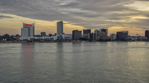 View across the river at the skyline, Windsor, Ontario, Canada, sunset Aerial Stock Photos | DXP002_192_0011