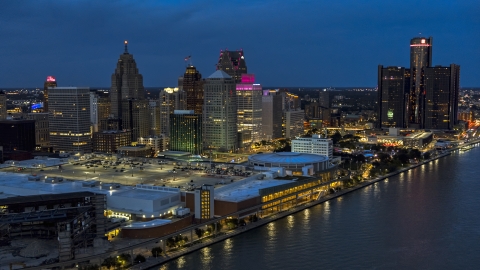 Skyscrapers and convention center at twilight, Downtown Detroit, Michigan Aerial Stock Photos | DXP002_193_0005