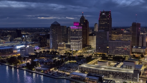 One Woodward Avenue and neighboring skyscrapers at twilight, Downtown Detroit, Michigan Aerial Stock Photos | DXP002_193_0007