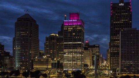 A view of the One Woodward Avenue skyscraper at twilight, Downtown Detroit, Michigan Aerial Stock Photos | DXP002_193_0009