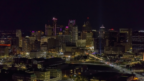 The skyline at the end of Grand River Avenue at night, Downtown Detroit, Michigan Aerial Stock Photos | DXP002_193_0012