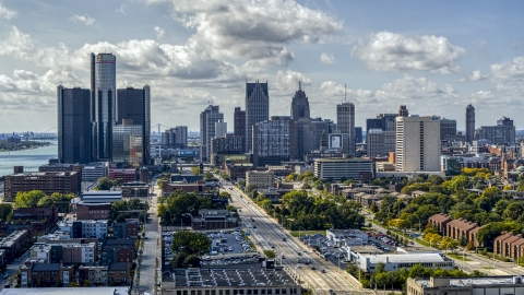 A view of GM Renaissance Center and the city's skyline, Downtown Detroit, Michigan Aerial Stock Photos | DXP002_194_0003