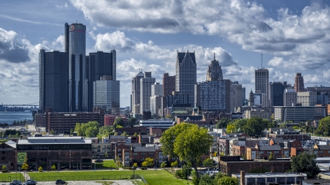 The towering GM Renaissance Center and the skyline in Downtown Detroit, Michigan Aerial Stock Photos | DXP002_194_0006