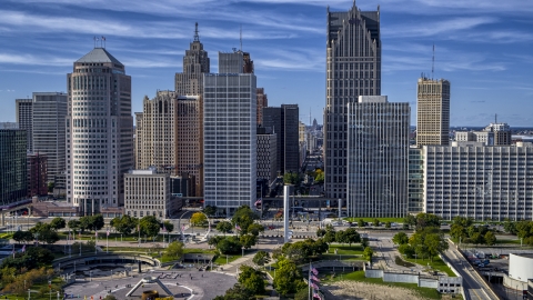 Towering skyscrapers across from Hart Plaza, Downtown Detroit, Michigan Aerial Stock Photos | DXP002_196_0001