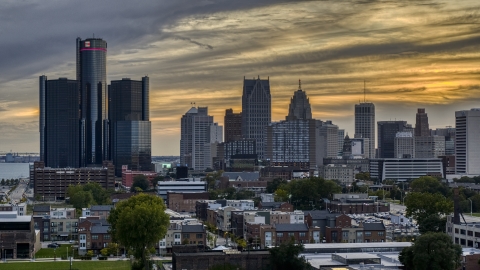 The GM Renaissance Center and the city's skyline at sunset, Downtown Detroit, Michigan Aerial Stock Photos | DXP002_197_0004