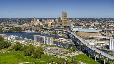 The Buffalo Skyway over the river and Seneca One Tower, Downtown Buffalo, New York Aerial Stock Photos | DXP002_200_0001