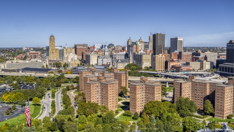 DXP002_200_0003 - Aerial stock photo of Skyline seen from apartment buildings, Downtown Buffalo, New York