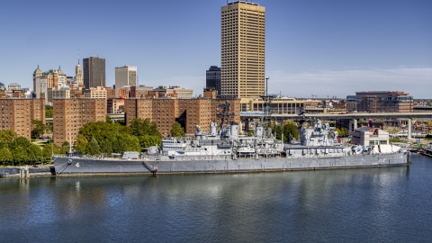 DXP002_200_0006 - Aerial stock photo of A view of the USS Little Rock in Downtown Buffalo, New York