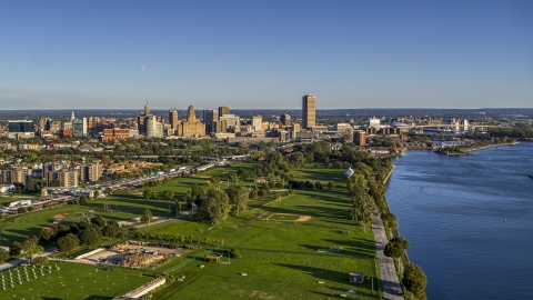 DXP002_203_0002 - Aerial stock photo of A wide view of the city skyline in Downtown Buffalo, New York