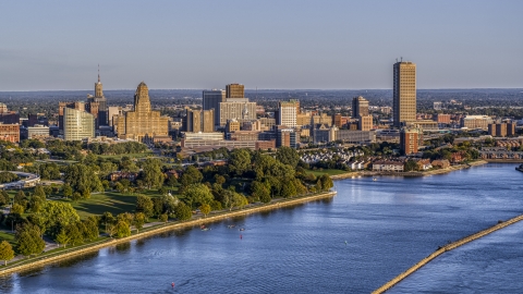 The city's skyline at sunset, seen from Lake Erie, Downtown Buffalo, New York Aerial Stock Photos | DXP002_203_0006