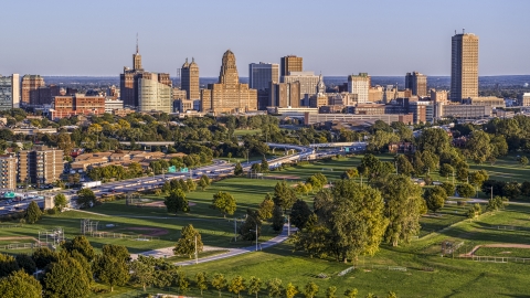 DXP002_203_0007 - Aerial stock photo of City hall and skyline at sunset, Downtown Buffalo, New York