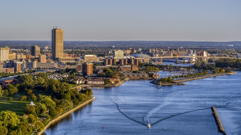 DXP002_203_0008 - Aerial stock photo of Seneca One Tower and Buffalo River at sunset, Downtown Buffalo, New York