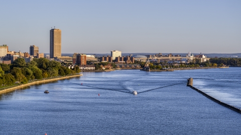 DXP002_203_0009 - Aerial stock photo of Seneca One Tower near the Buffalo River at sunset, Downtown Buffalo, New York