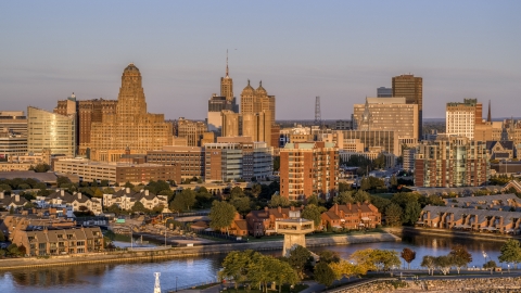 DXP002_204_0002 - Aerial stock photo of City hall beside courthouse and office buildings at sunset, Downtown Buffalo, New York