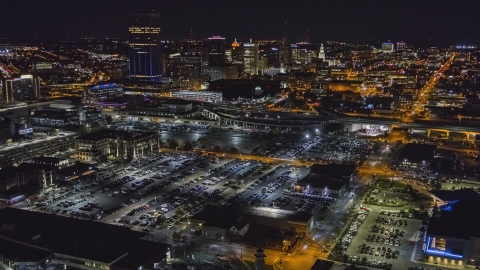 The skyline at night seen from arena parking lots, Downtown Buffalo, New York Aerial Stock Photos | DXP002_205_0002