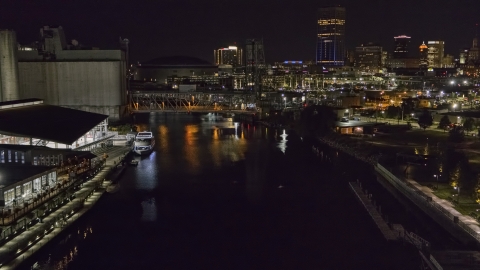 The river toward the downtown skyline at night, Downtown Buffalo, New York Aerial Stock Photos | DXP002_205_0005