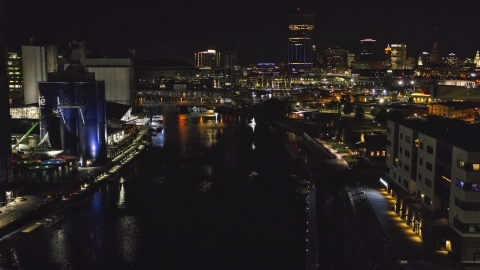 A view of the river toward the downtown skyline at night, Downtown Buffalo, New York Aerial Stock Photos | DXP002_205_0006