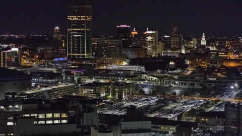 The skyline seen from parking lots at night, Downtown Buffalo, New York Aerial Stock Photos | DXP002_205_0007