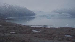 AK0001_0038 - 4K aerial stock footage approaching Inner Lake George and a glacier, flying low, Inner Lake George, Alaska