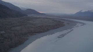 4K aerial stock footage following a river, approaching a valley, Chugach Mountains, Knik, Alaska Aerial Stock Footage | AK0001_0059