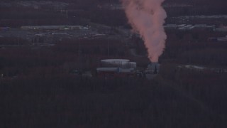 4K aerial stock footage approaching a power plant, Anchorage, Alaska, sunset Aerial Stock Footage | AK0001_0099