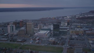 4K aerial stock footage orbiting Downtown buildings, Downtown Anchorage, Alaska, twilight Aerial Stock Footage | AK0001_0109