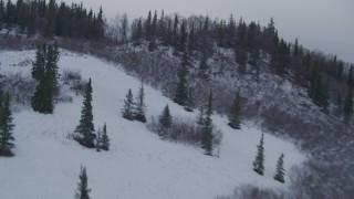 4K aerial stock footage ascend forested slope, valley, snow capped peaks, Chugach Mountains, Alaska Aerial Stock Footage | AK0001_0225