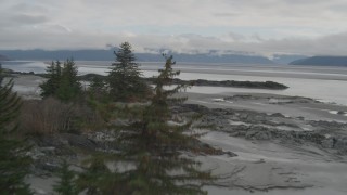 4K aerial stock footage flying low over rocks, trees and beach, Turnagain Arm of the Cook Inlet, Alaska Aerial Stock Footage | AK0001_0364